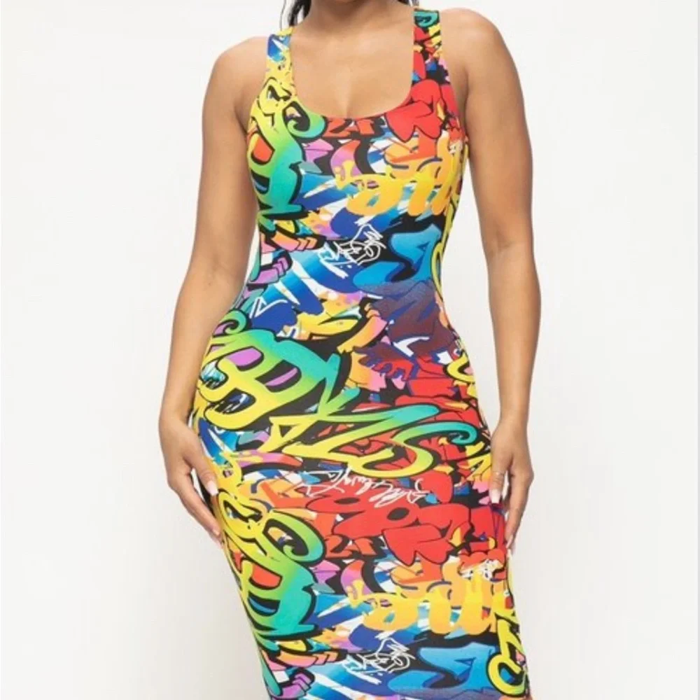 NEW TRENDY MULTI COLOR GRAFFITI TANK TOP BODYCON MIDI DRESS - Picture 2 of 14